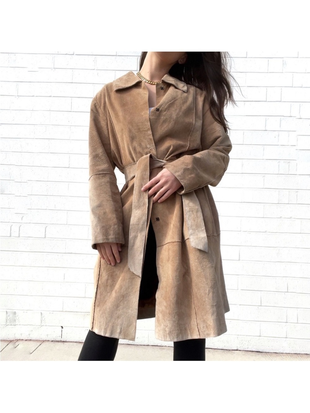 Vintage Tan Suede Leather Trench Coat with Tie Belt M